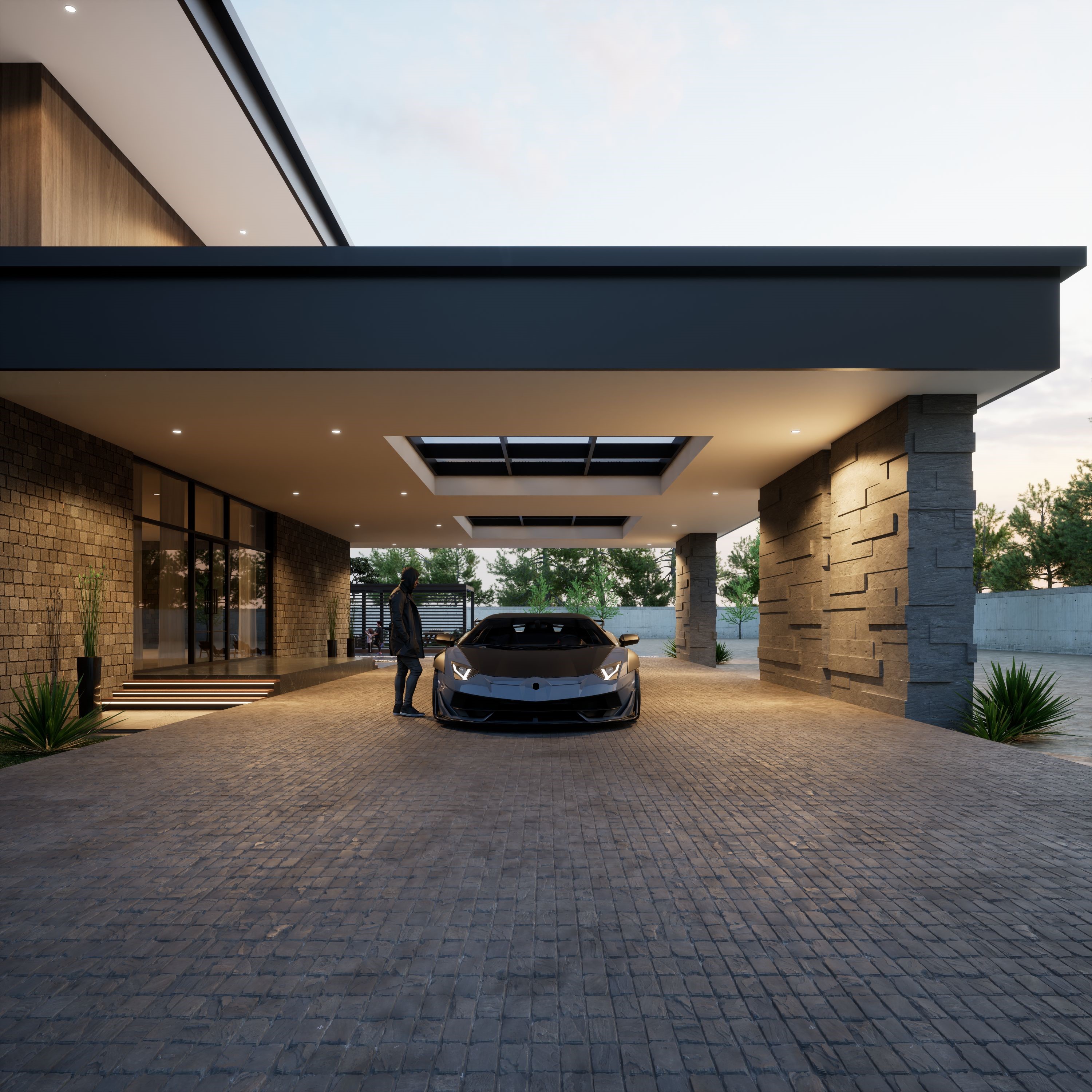 Résidence contemporaine privée au crépuscule à Key Biscayne