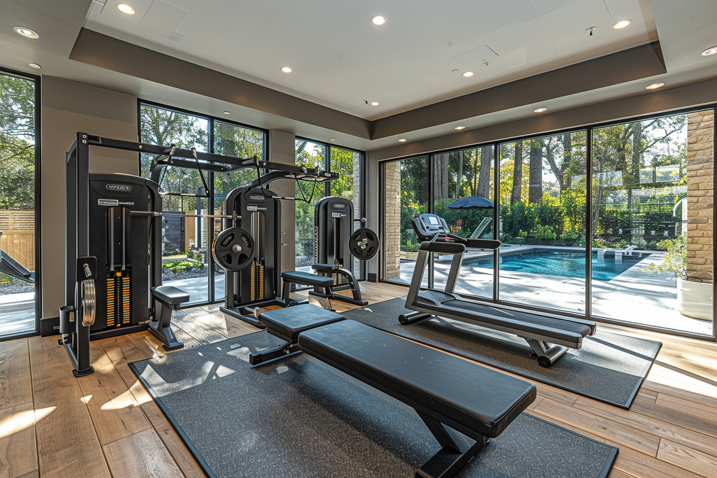 Salle de sport privée avec vue sur la piscine