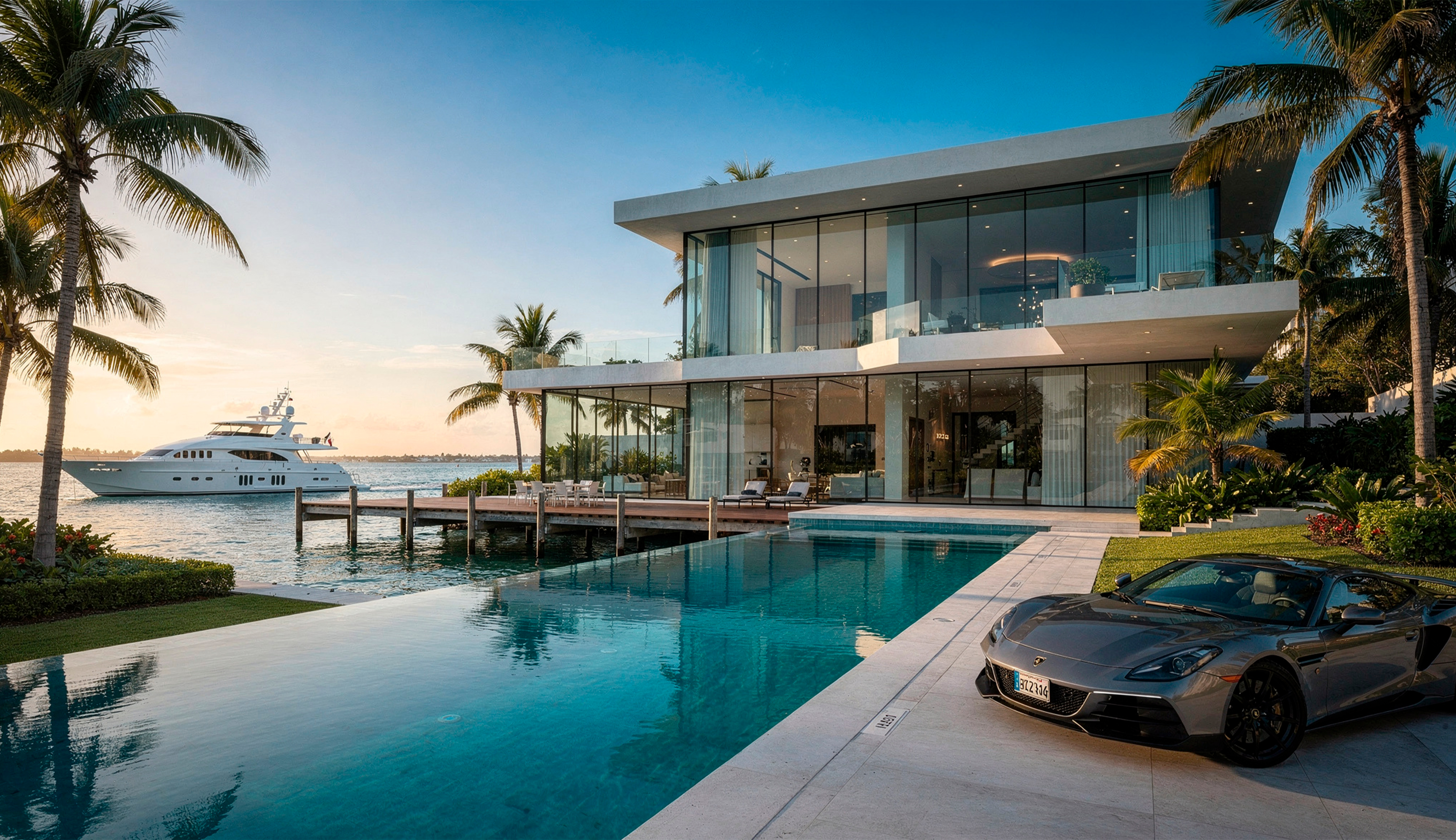 Villa waterfront avec ponton, piscine à débordement et yacht
