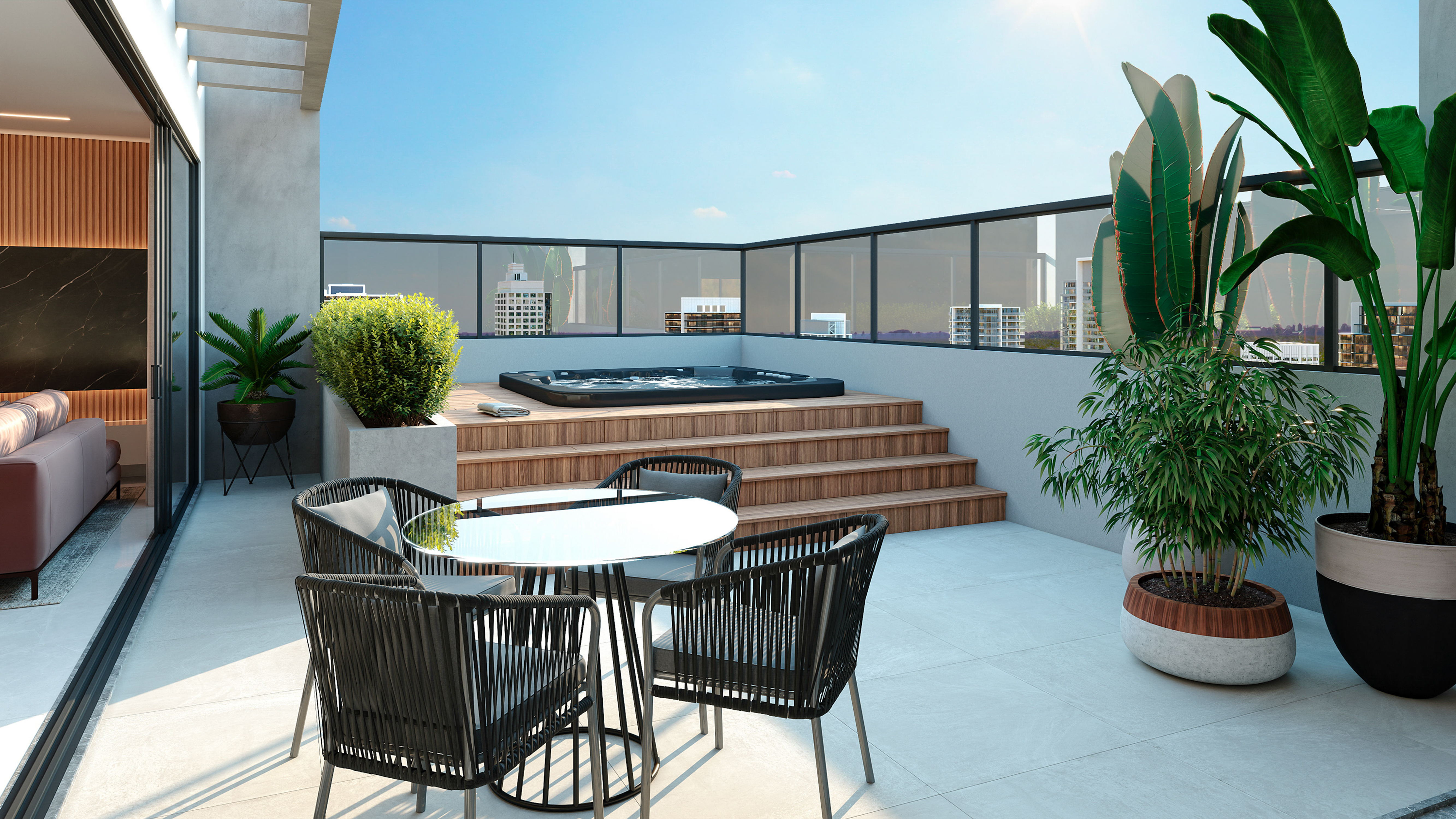 Terrasse de penthouse avec vue panoramique sur la ville